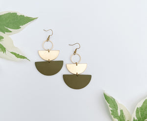 Army Green Leather & Brass Stacked Half Moon Dangle Earrings