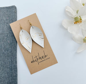 White and Gold Fleck Leather Leaf Earrings