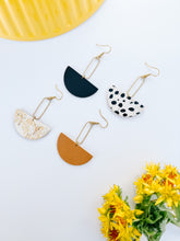Load image into Gallery viewer, Black &amp; White Polka Dot Cork Leather &amp; Brass Oval Earrings
