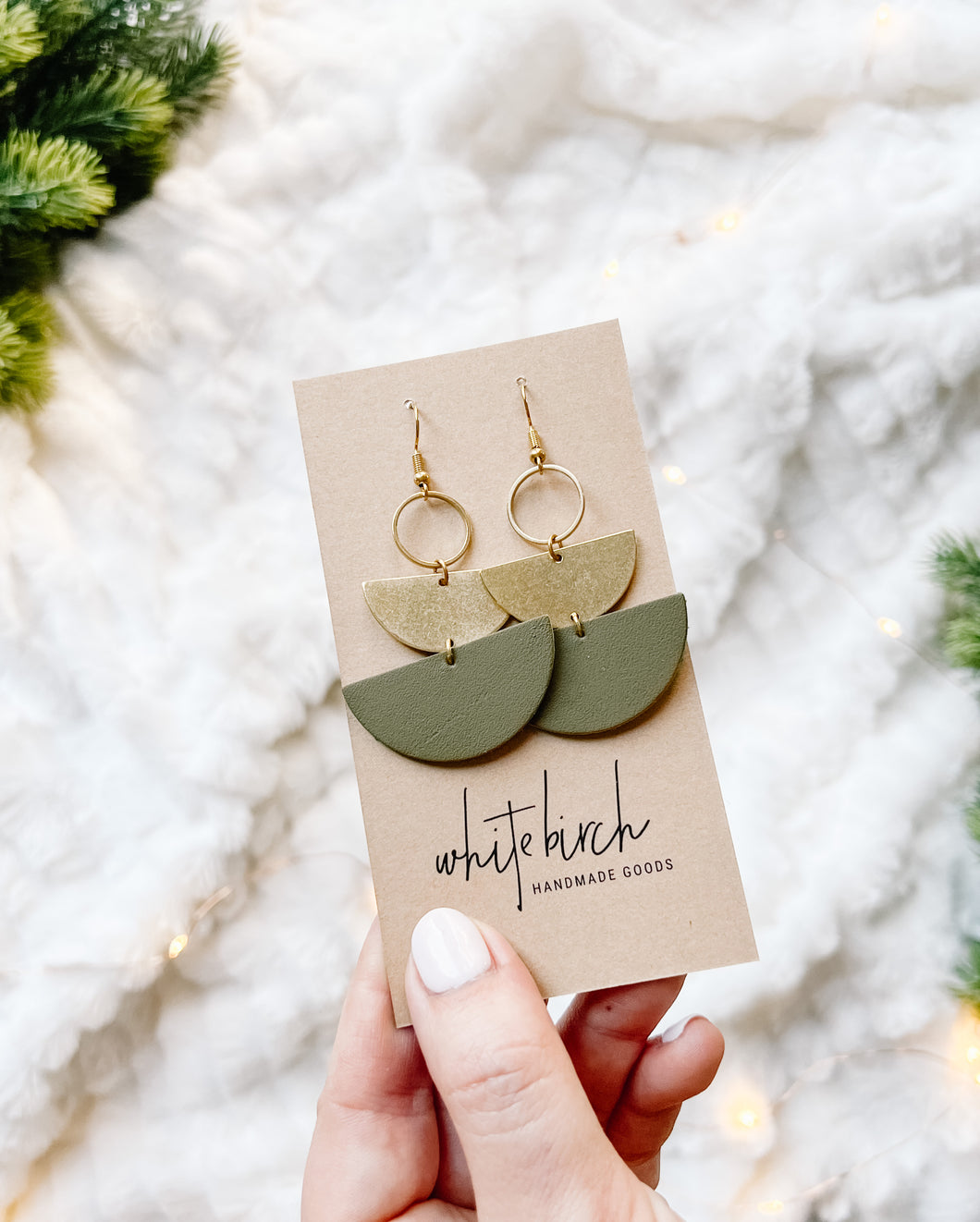 Army Green Leather & Brass Stacked Half Moon Dangle Earrings