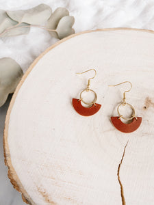 Chestnut Brown Leather & Brass Ring Geometric Earrings