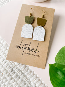 White Leather with Oblong Brass Accent Earrings
