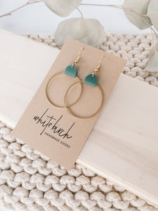 Green Leather & Brass Circle Earrings