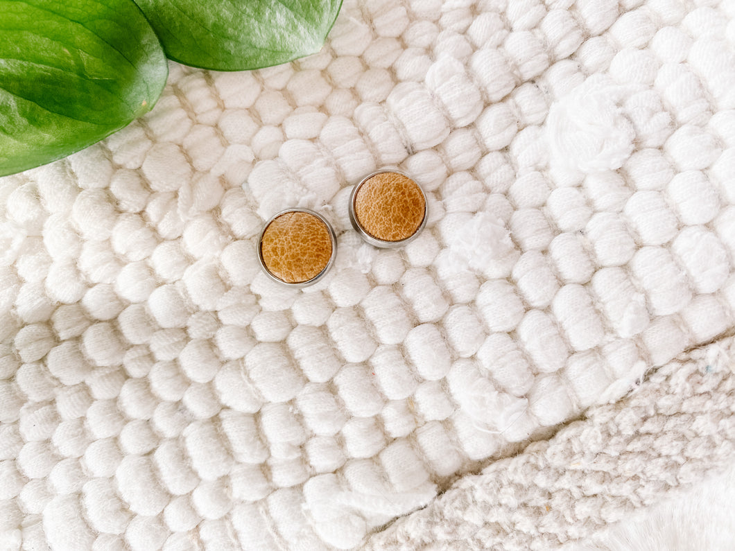 caramel brown leather stud earrings