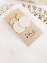 Load image into Gallery viewer, Beige Leather Disc &amp; Brass Half Moon Stacked Dangle Earrings
