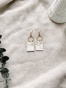 White and Gold Fleck Leather with Brass Circle Earrings