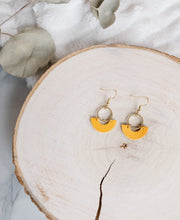 Load image into Gallery viewer, Mustard Yellow Leather &amp; Brass Ring Geometric Earrings

