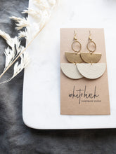 Load image into Gallery viewer, Beige Leather and Brass Half Moon Stacked Earrings
