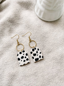 Black and White Polka Dot Cork Leather with Brass Circle Earrings
