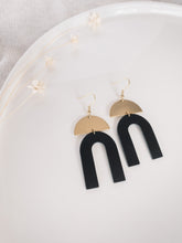 Load image into Gallery viewer, Black Leather Arch &amp; Brass Half Moon Geometric Earrings
