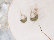 Load image into Gallery viewer, Olive Green Leather and Brass Ring Earrings
