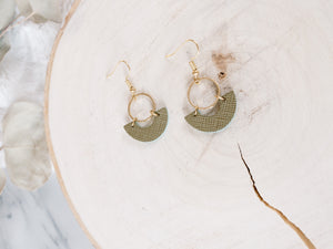 Olive Green Leather and Brass Ring Earrings