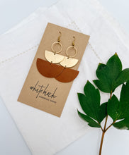 Load image into Gallery viewer, Brown Leather &amp; Brass Stacked Half Moon Dangle Earrings

