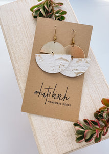 White and Gold Fleck Leather Half Moon & Brass Half Moon Dangle Earrings