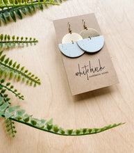 Load image into Gallery viewer, White Cork Leather &amp; Brass Half Moon Stacked Dangle Earrings

