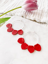 Load image into Gallery viewer, Red Leather Petal Hoop Earrings.
