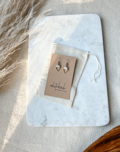 Cream Leather & Brass Triangle Earrings