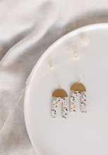 Load image into Gallery viewer, Terrazzo Cork Leather Arch &amp; Brass Half Moon Earrings
