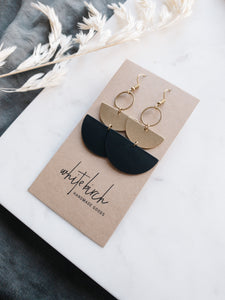 Black Leather & Brass Accent Half Moon Stacked Dangle Earrings