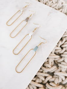 White Leather & Brass Oval Accent Earrings