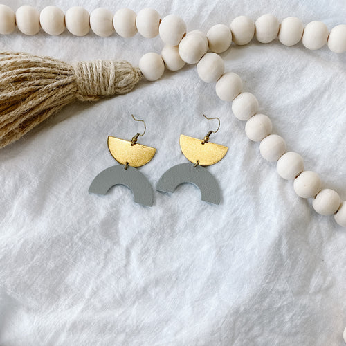 Grey Leather Half Circle & Brass Half Moon Earrings