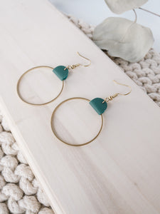 green and brass leather circle earrings