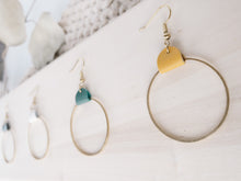 Load image into Gallery viewer, Green Leather &amp; Brass Circle Earrings
