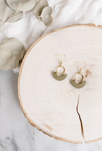 Olive Green Leather and Brass Ring Earrings