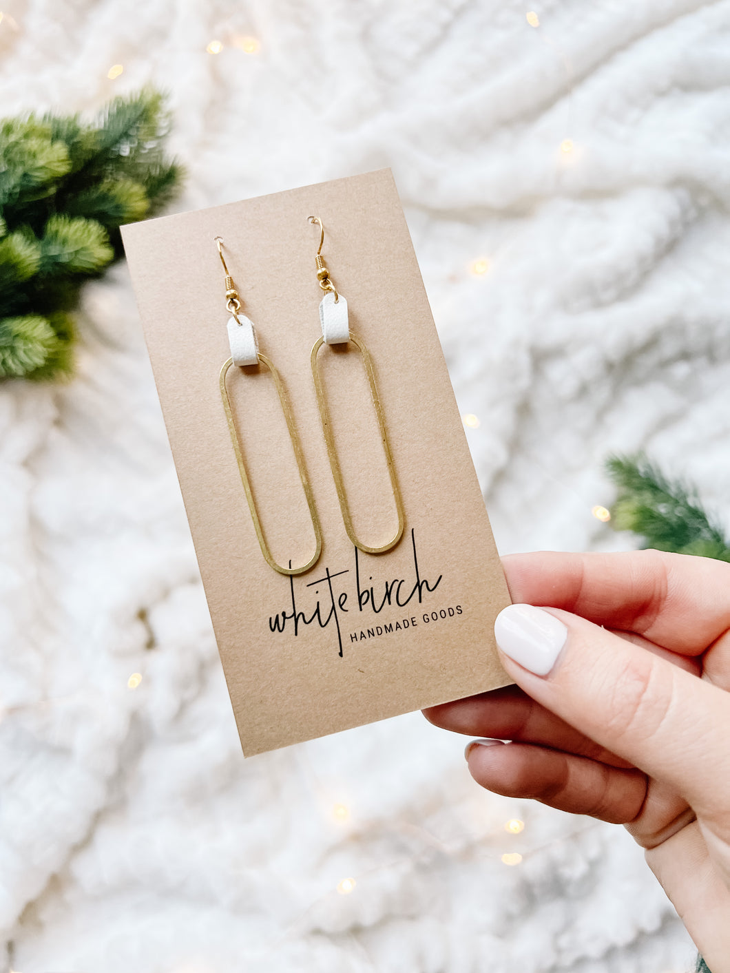 White Leather & Brass Oval Accent Earrings