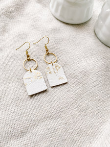 White and Gold Fleck Leather with Brass Circle Earrings