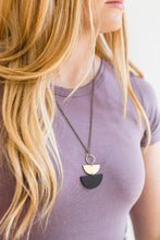 Load image into Gallery viewer, Geometric Brass Circle Black Stacked Half Moon Leather Necklace
