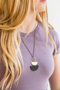 Geometric Brass Circle Black Stacked Half Moon Leather Necklace