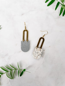 Spotted White Grey Cork Leather & Brass Earrings