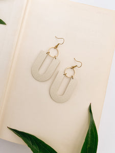 White Corn Colour U-Shaped Leather & Brass Ring Earrings