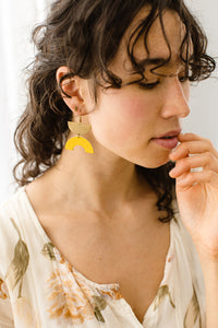 Yellow Leather Arc & Brass Half Moon Earrings