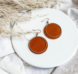 Brown Leather Disc & Brass Circle Earrings