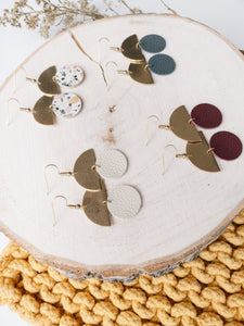 Beige Leather Small Circle & Brass Half Circle Stacked Earrings