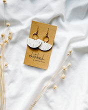 Load image into Gallery viewer, Half Moon White Cork Leather &amp; Brass Circle Dangle Earrings
