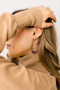 Burgundy Leather & Brass Sunburst Geometric Earrings