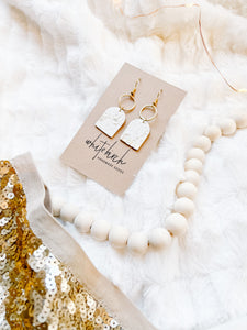 White and Gold Fleck Leather with Brass Circle Earrings