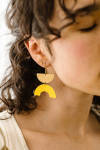 Yellow Leather Arc & Brass Half Moon Earrings