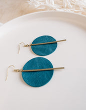 Load image into Gallery viewer, Ocean Blue Teal Leather Disc and Brass Bar Earrings
