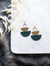 Load image into Gallery viewer, Dark Green Leather &amp; Brass Stacked Earrings
