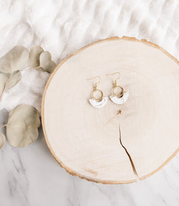 White and Gold Fleck Leather and Brass Ring Earrings