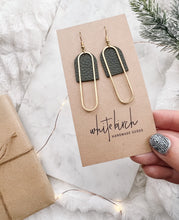 Load image into Gallery viewer, Dark Green Leather &amp; Brass Oval Accent Earrings
