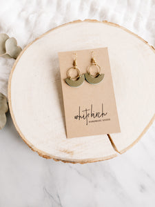 Olive Green Leather and Brass Ring Earrings