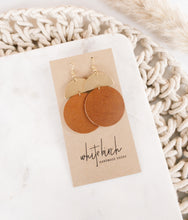 Load image into Gallery viewer, Brown Leather Disc &amp; Brass Half Moon Stacked Dangle Earrings

