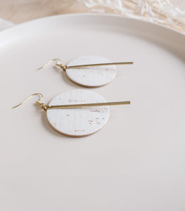 White Birch Cork Leather Disc and Brass Bar Earrings