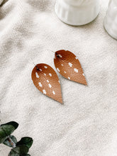 Load image into Gallery viewer, Deer Fawn Print Leather Leaf Earrings

