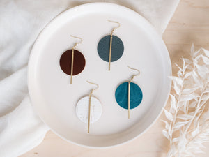 Ocean Blue Teal Leather Disc and Brass Bar Earrings